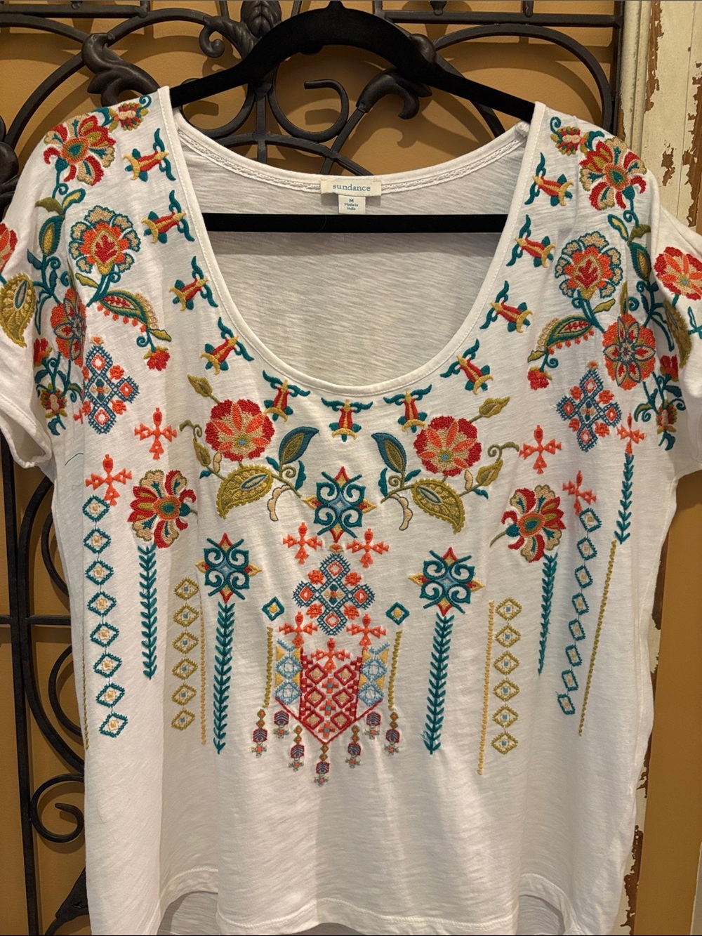 Sundance White Short Sleeve Tee with Multicolor Floral Embroidery
